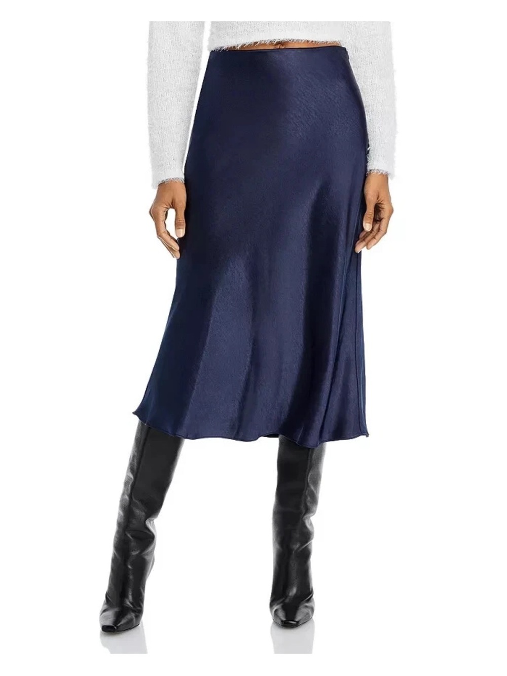 Aqua Satin Midi Skirt in Navy Blue Size Large